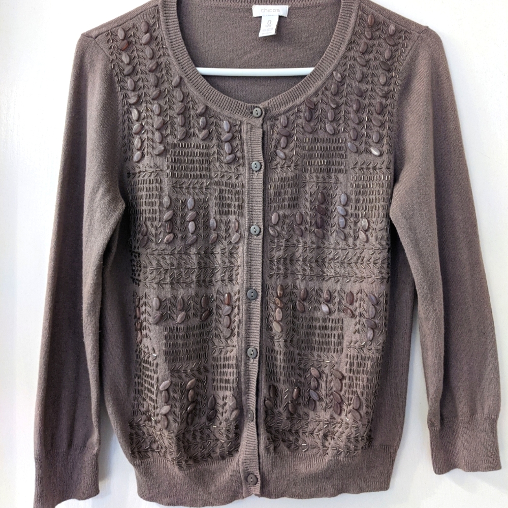 Chico's Beaded Cardigan Taupe Sweatet